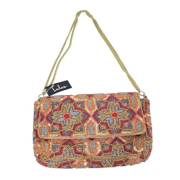 Lulus Women's Floral Coral Gold Multi Clutch Shoulder Chain Bag Party Cocktail - Picture 1 of 8